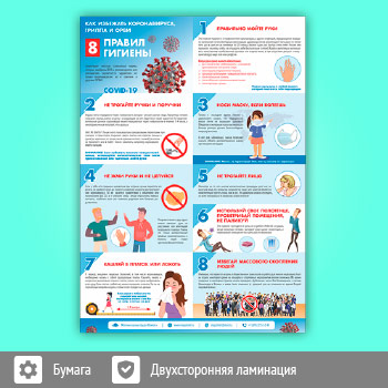 Плакат «Восемь правил гигиены. Как избежать коронавируса, гриппа и ОРВИ» (М-28, ламинированная бумага, А2, 1 лист)